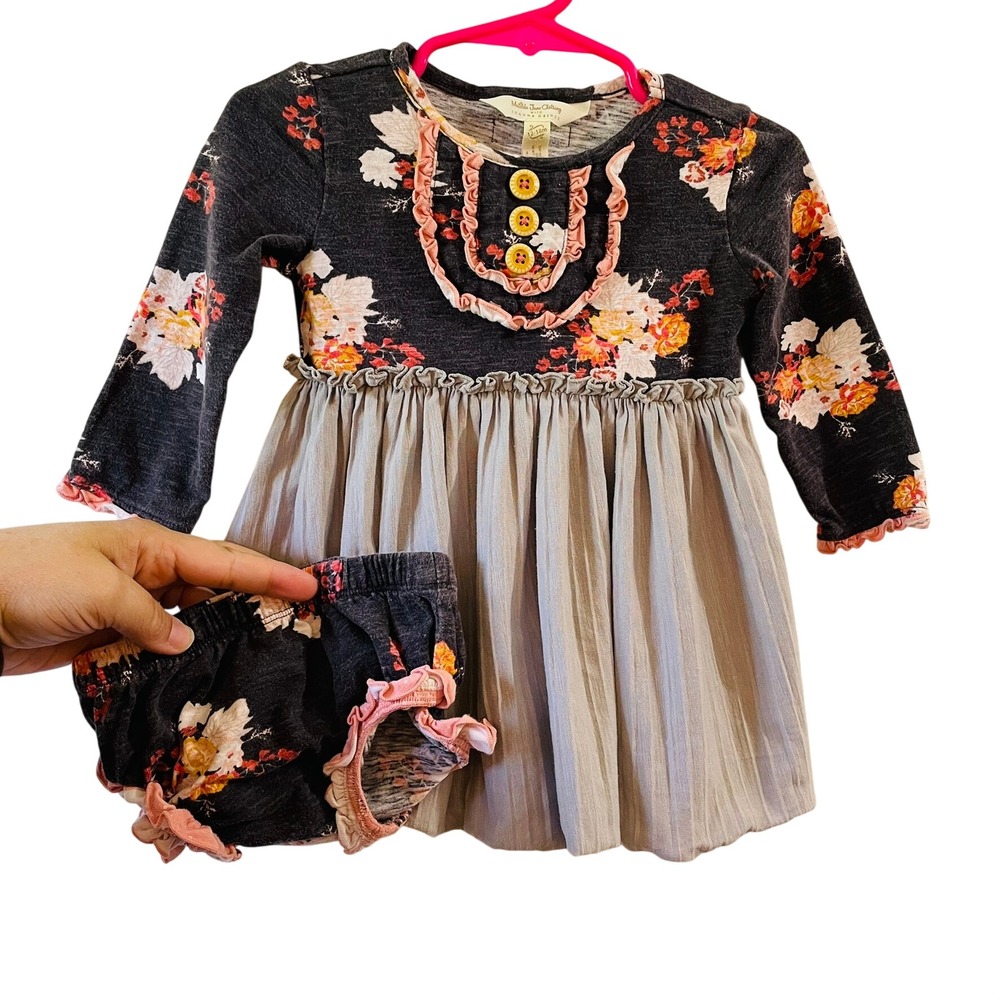 Matilda Jane Dress Set Grey Floral Ruffle Joanna Gaines Baby Girls 12-18M Boho